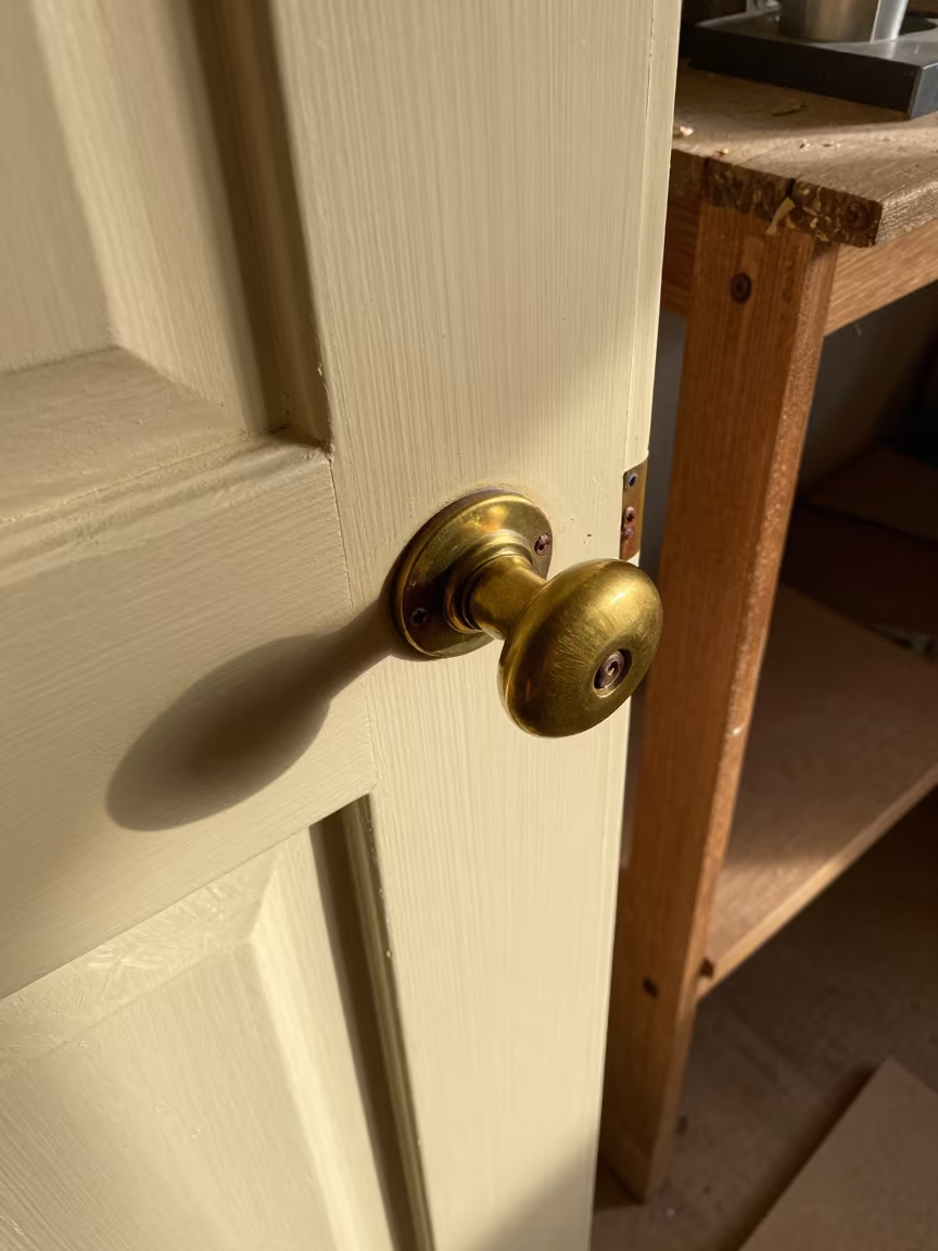Golden Hour Doorknob on Workshop Shelf Leeds in on a workshop shelf in Leeds