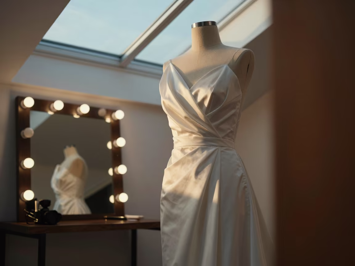 Golden Hour Dress Form with Half-Drapped Bias Gown in beside a mirror lined with makeup bulbs near Riobamba