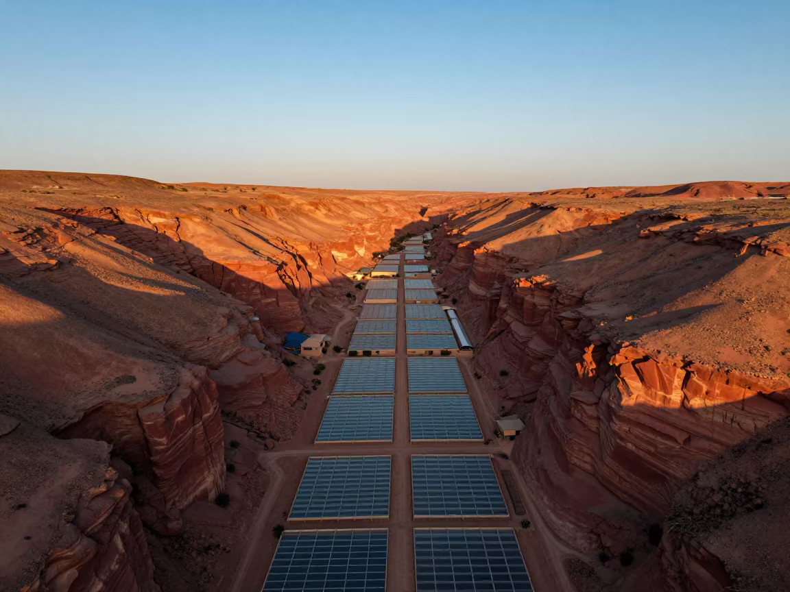 Golden Hour Drone View Red Canyon Near Marrakech in high over greenhouse grids near Marrakech