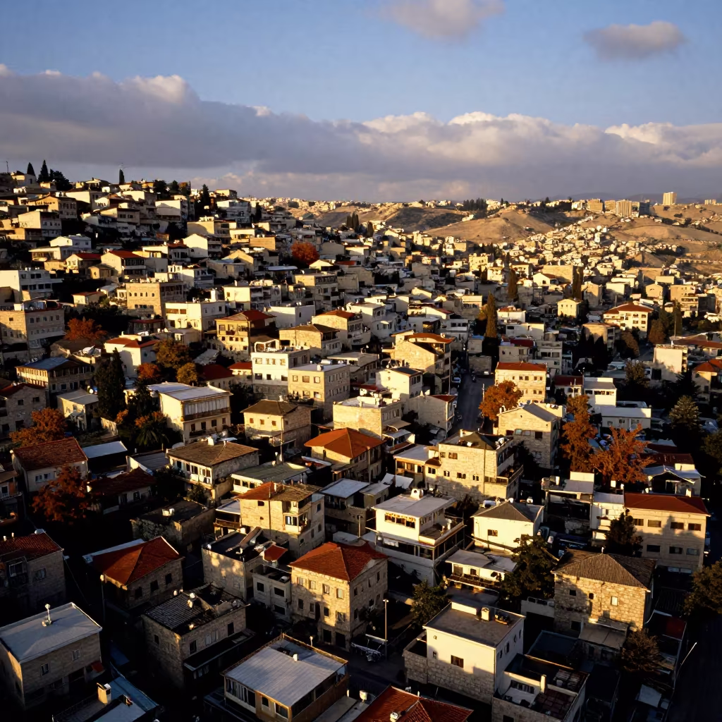 Golden Hour Drone View of Old European City Rooftops in far above terraced hillsides near Irbid