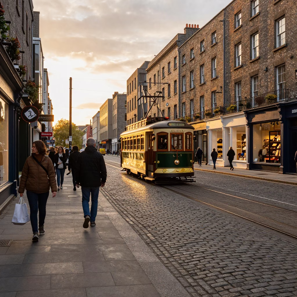 Golden Hour Dublin Street Scene with Heritage Tram and Cobblestone Avenue in in Dublin, Ireland