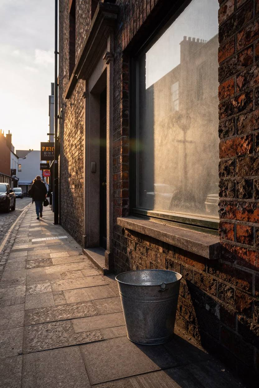 Golden Hour Dublin Street Scene with Metal Bucket and Fogged Window Glass in in Dublin, Ireland