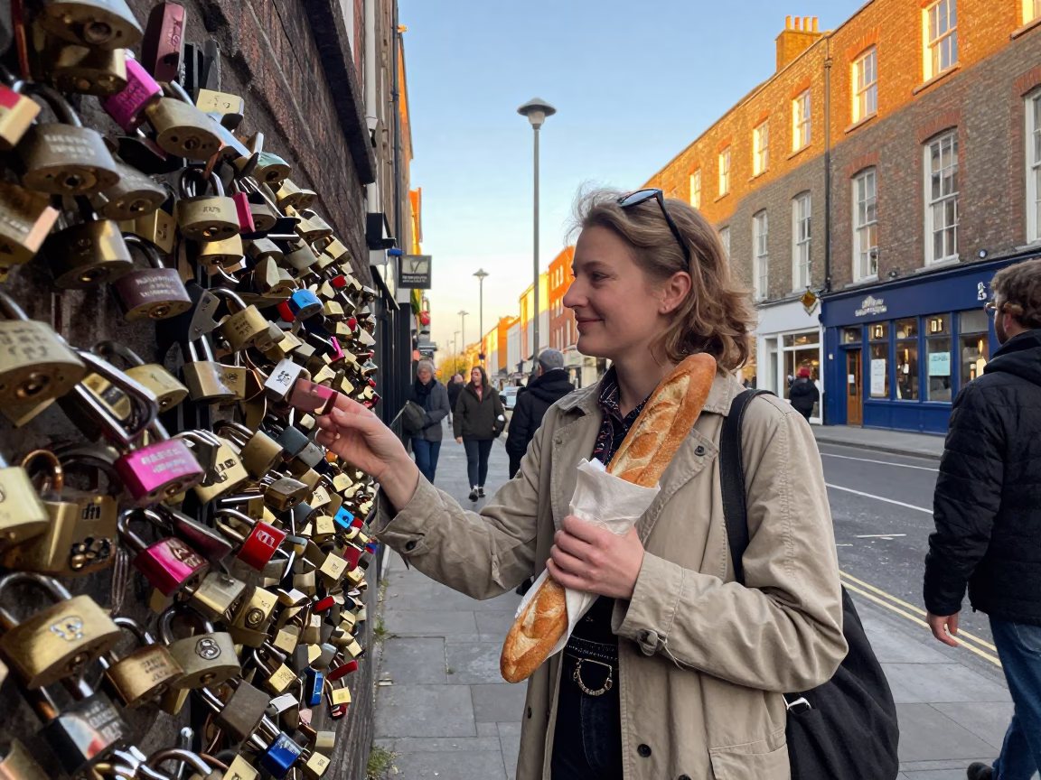 Golden Hour Dublin Street Scene with Padlocks and Baguettes in in Dublin, Ireland
