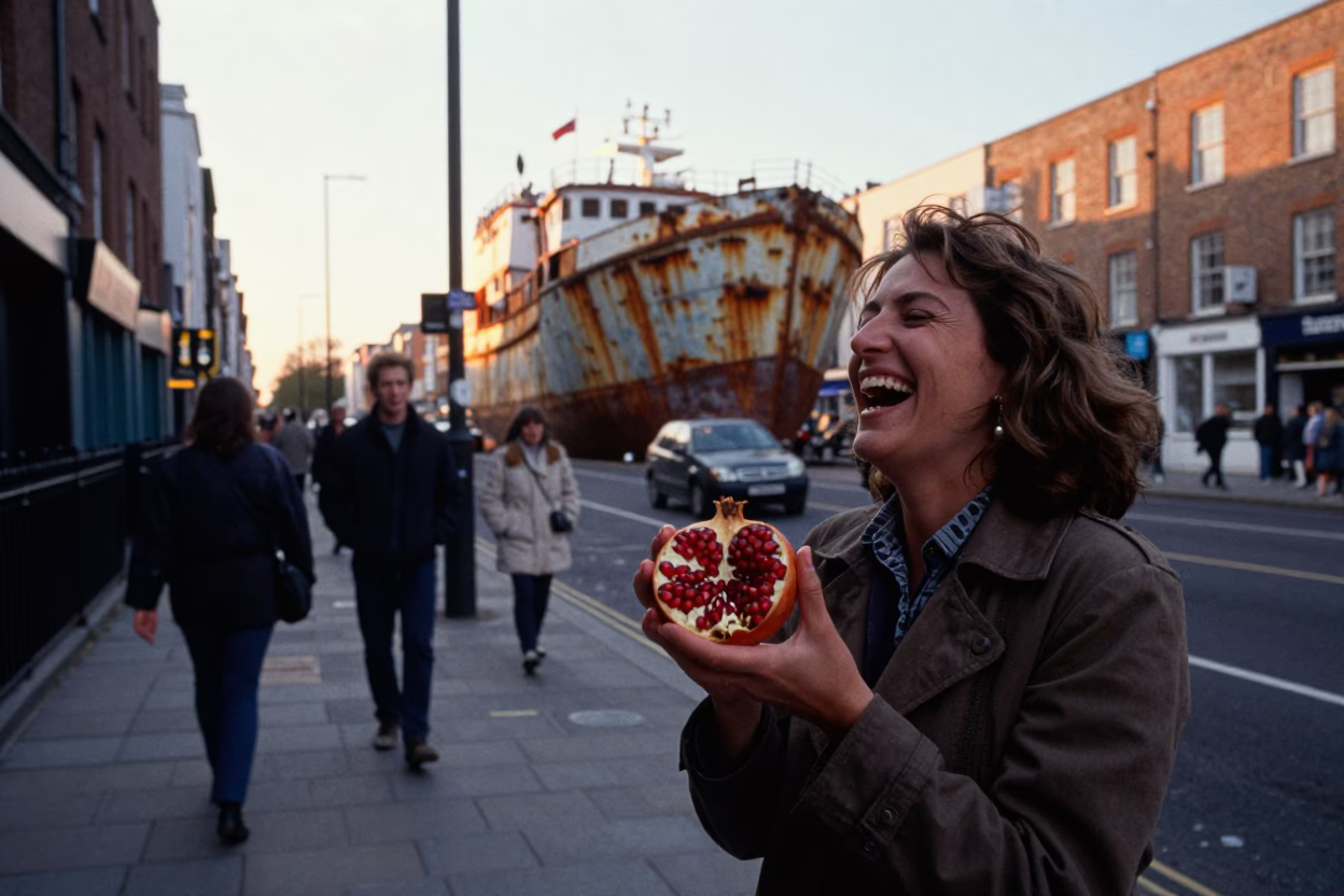 Golden Hour Dublin Street Scene with Pomegranate and Rusting Ship Background in in Dublin, Ireland
