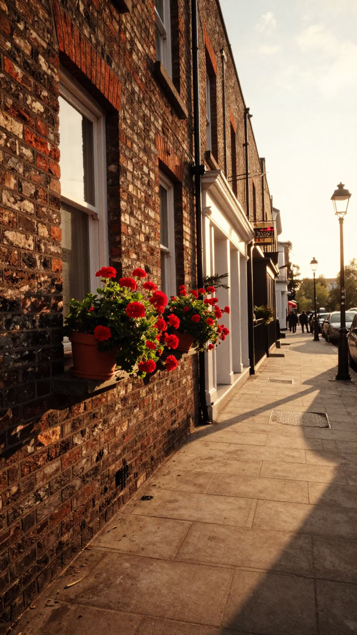 Golden Hour Dublin Street Scene with Red Geraniums and Vintage Charm in in Dublin, Ireland