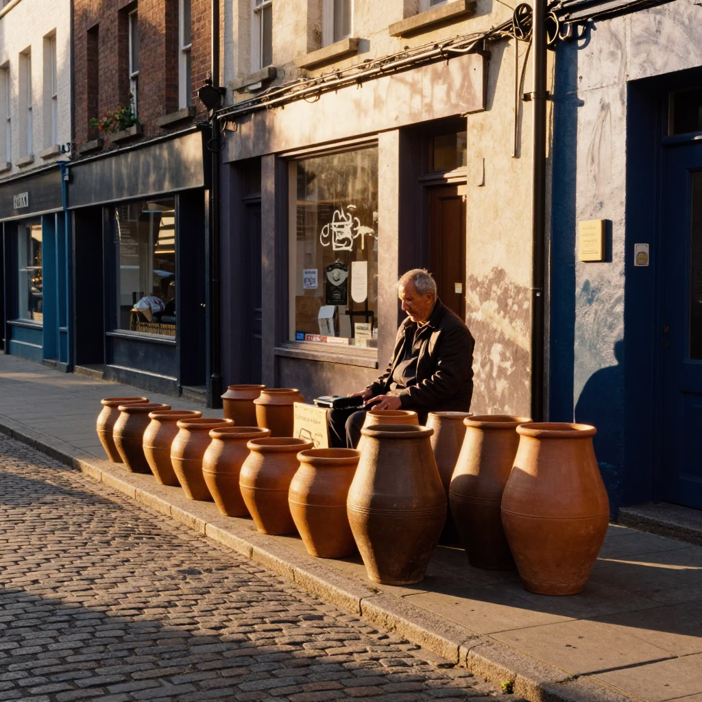 Golden Hour Dublin Street Scene with Traditional Stoneware Crocks and Local Market Vendor in in Dublin, Ireland