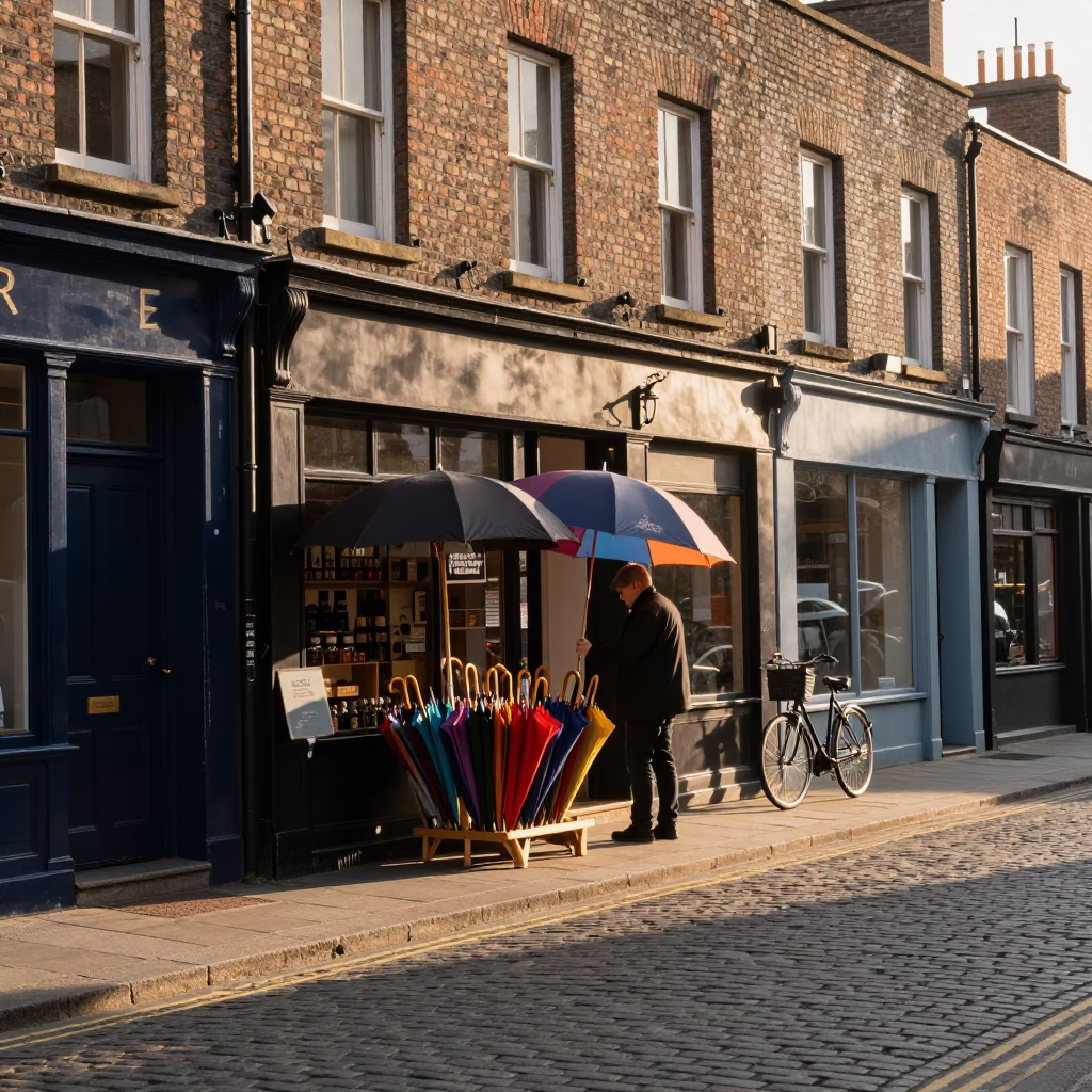 Golden Hour Dublin Street Scene with Umbrellas and Bicycle in in Dublin, Ireland
