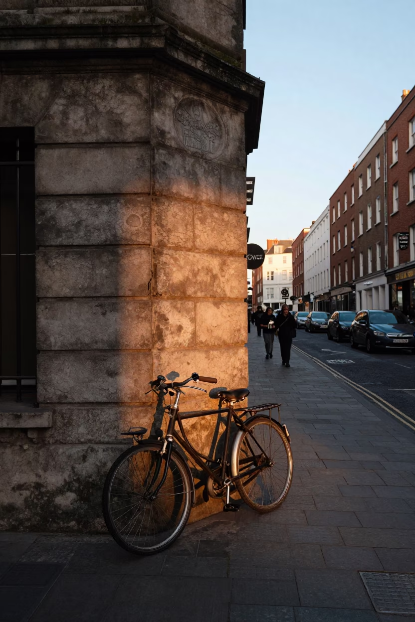 Golden Hour Dublin Street Scene with Vintage Bicycle and Urban Architecture in in Dublin, Ireland