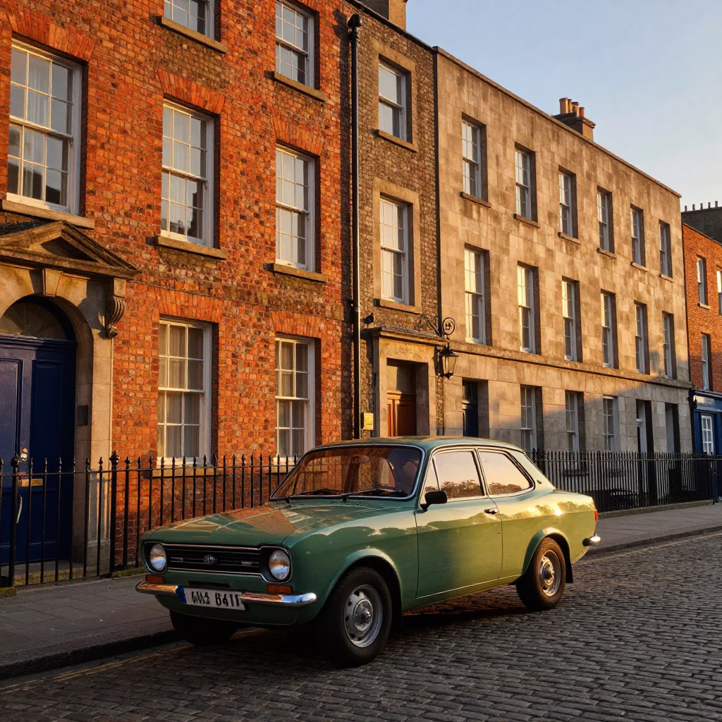 Golden Hour Dublin Street Scene with Vintage Car and Stone Architecture in in Dublin, Ireland