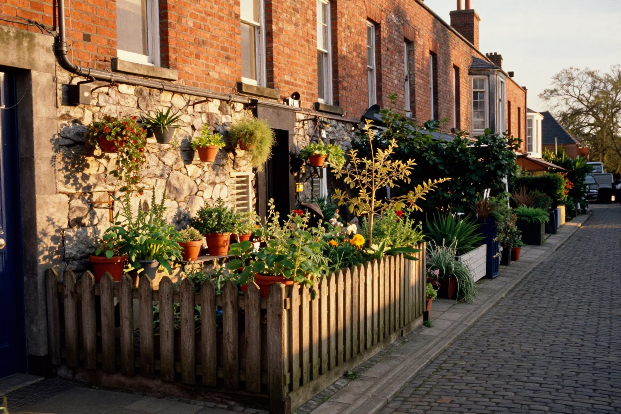 Golden hour Dublin terrace garden with hanging plants and stone walls in in Dublin, Ireland