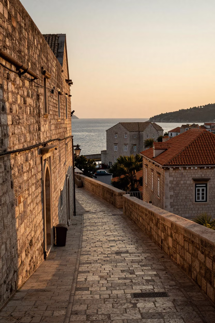 Golden Hour Dubrovnik Old Town Stone Walls and Coastal Street Scene in in Dubrovnik, Croatia