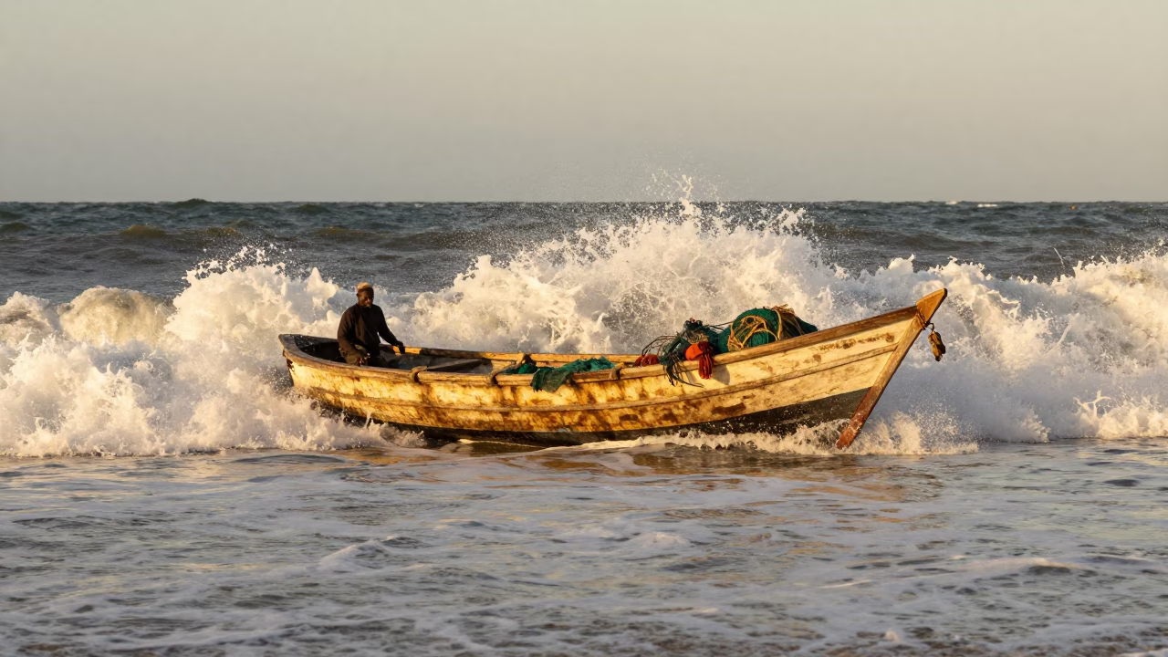 Golden Hour Durban Beach Scene Fishing Boat Returning Through Crashing Surf in in Durban, South Africa