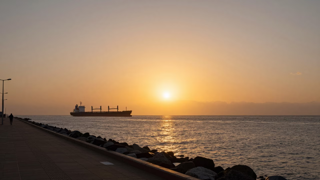 Golden Hour Durban Harbor Cargo Ship Horizon Sunset Coastal Cityscape in in Durban, South Africa