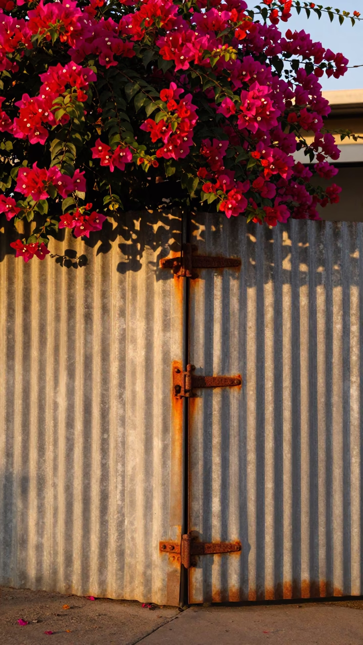 Golden Hour Durban Street Scene With Bougainvillea And Rusty Hinge in in Durban, South Africa