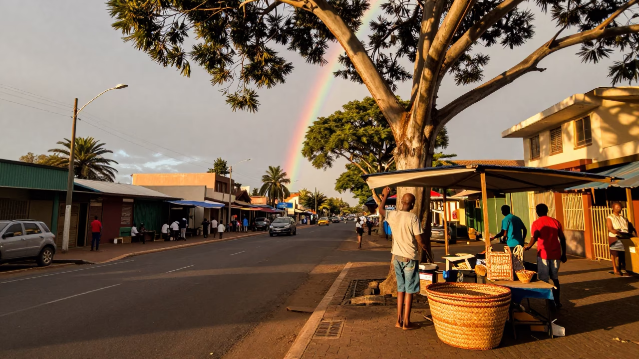 Golden Hour Durban Street Scene with Rainbow Eucalyptus and Local Market Activity in in Durban, South Africa