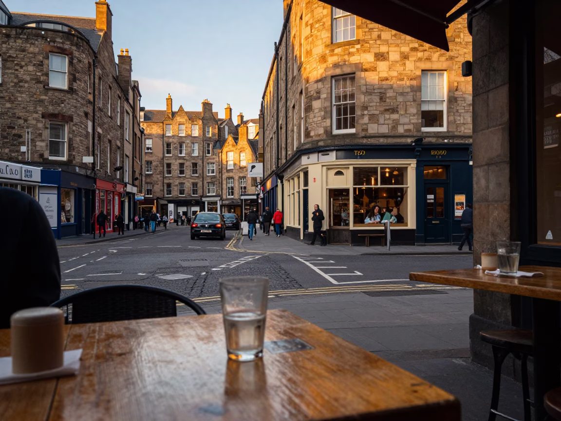 Golden Hour Edinburgh Street Scene with Casual Diner and Local Details in in Edinburgh, United Kingdom