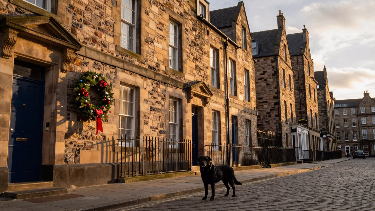Golden Hour Edinburgh Street Scene with Dog and Wreath in in Edinburgh, United Kingdom
