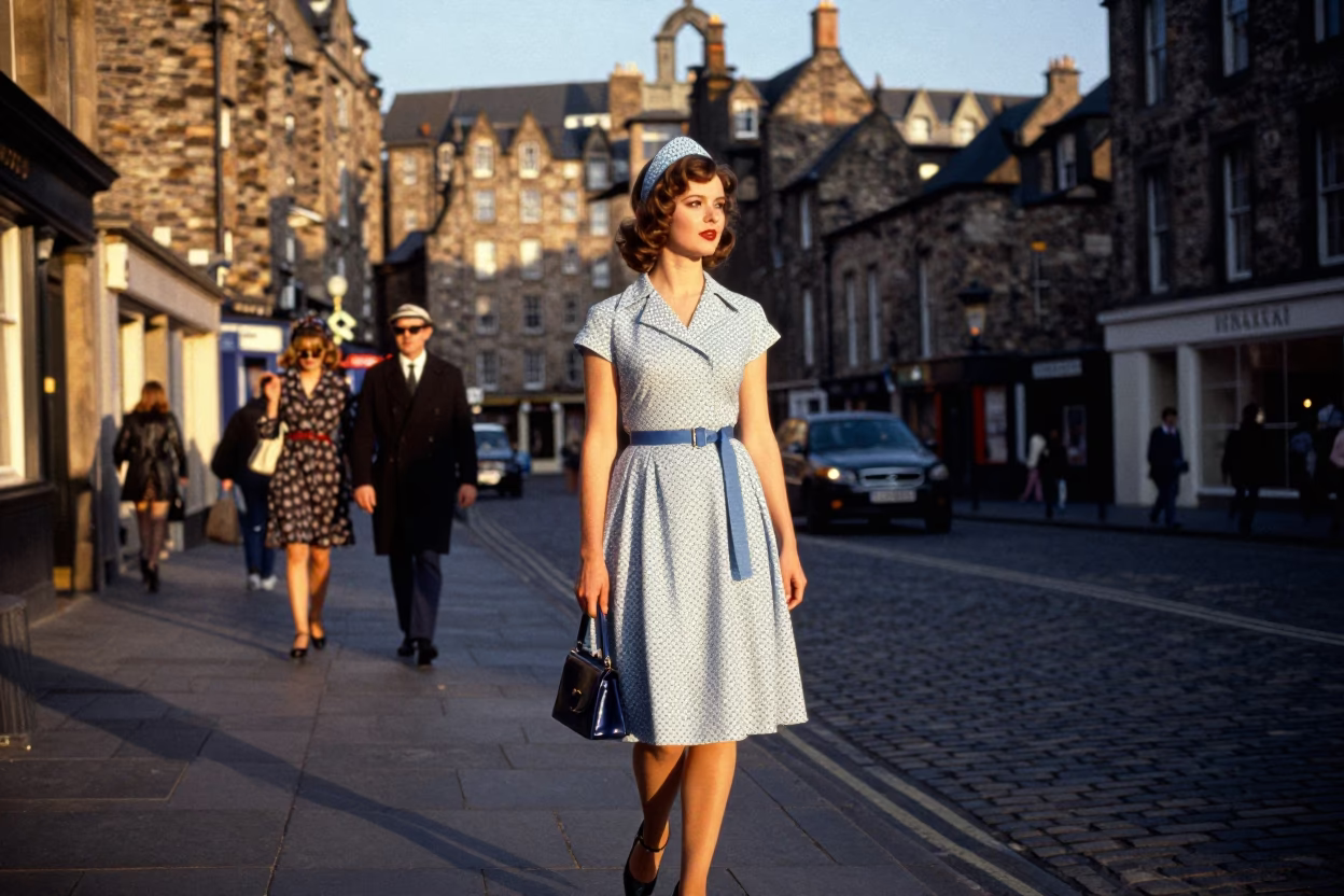 Golden Hour Edinburgh Street Scene with Vintage Fashion and Blue White Porcelain Bowl in in Edinburgh, United Kingdom