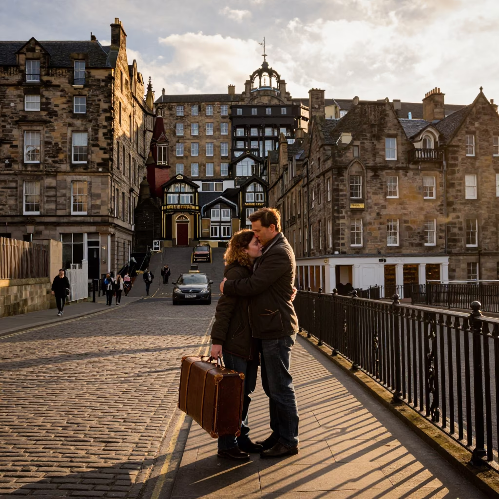 Golden Hour Edinburgh Street Scene with Vintage Luggage and Farewell Embrace in in Edinburgh, United Kingdom