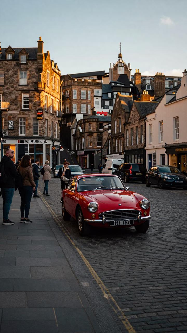 Golden Hour Edinburgh Street Scene with Vintage Sports Car and Local Pedestrians in in Edinburgh, United Kingdom