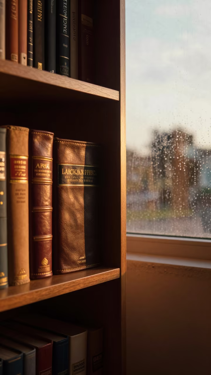 Golden Hour Encyclopedias on Mahogany Shelf in beside a rain-streaked window in Lusaka