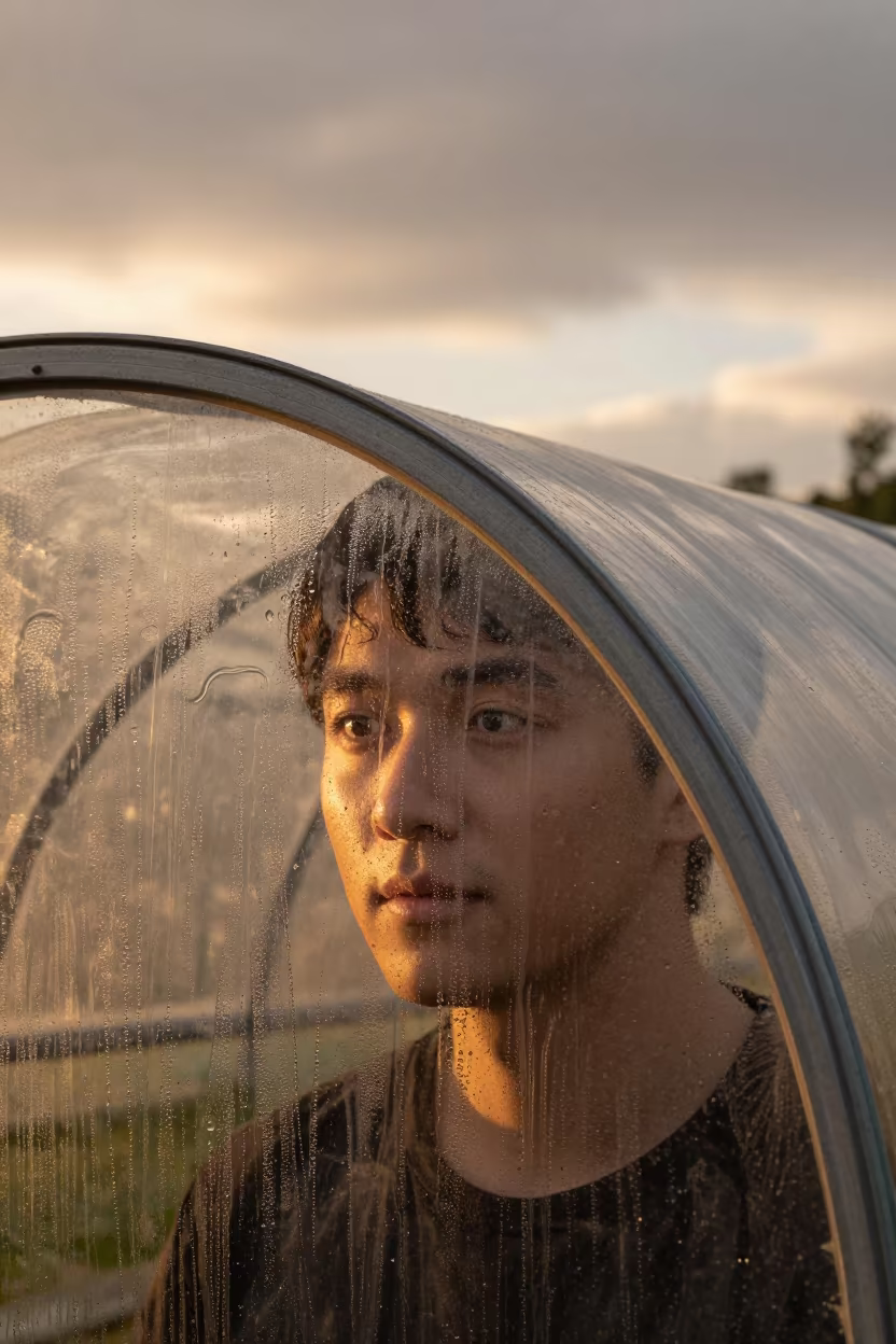 Golden Hour Face Behind Greenhouse Condensation in near Beijing