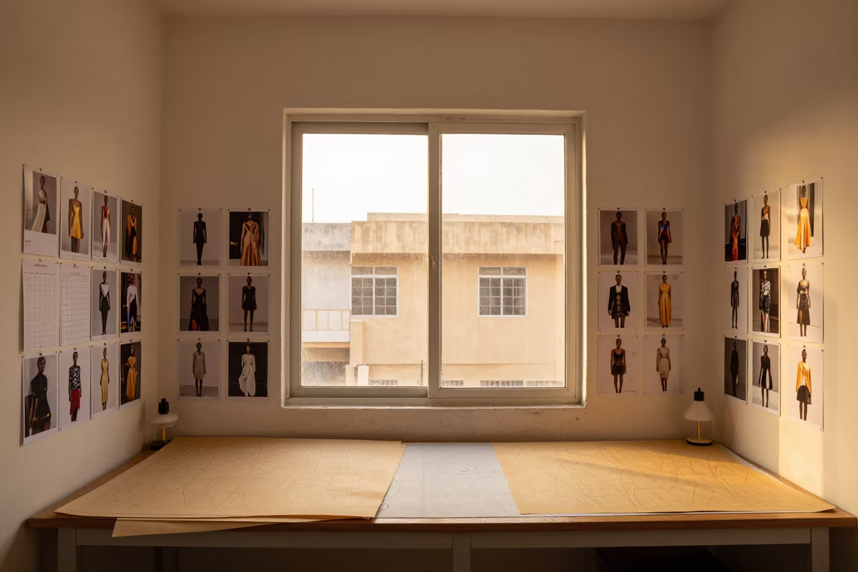 Golden Hour Fashion Contact Sheet Beside Cutting Schedule in inside a couture atelier near Surulere, Lagos