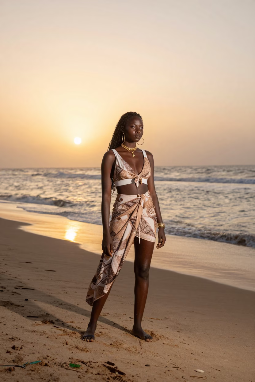Golden Hour Fashion Portrait on Dakar Beach with Local Street Vendors and Ocean Breeze in in Dakar, Senegal