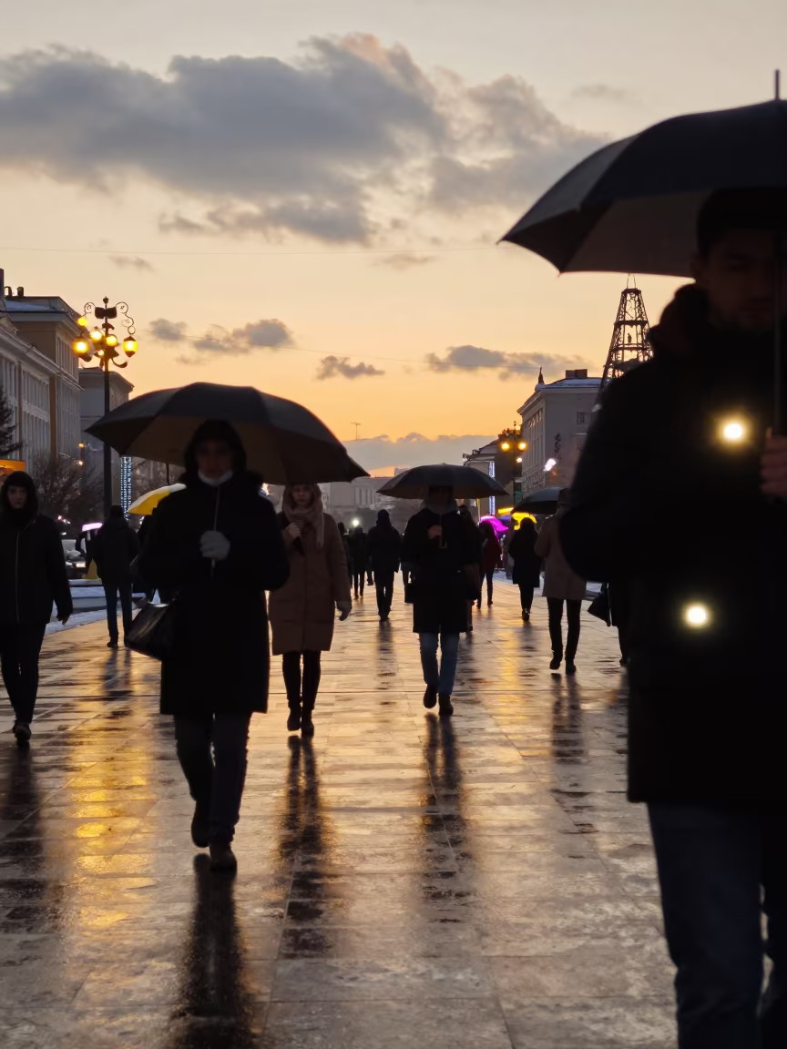 Golden Hour Fashion Week Samara Plaza in across a reflective public plaza in Samara