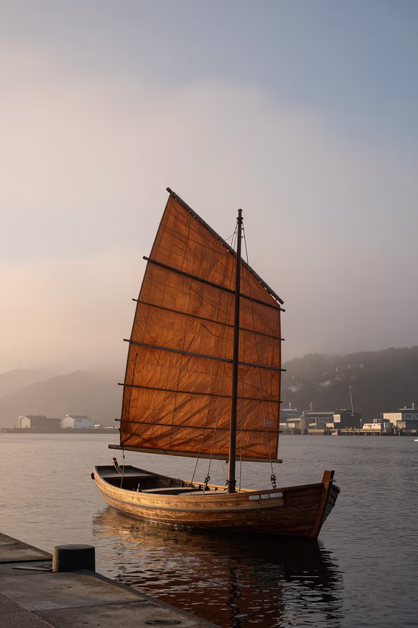 Golden Hour Felucca at Fogbound Kanazawa Harbor in beside a fogbound harbor mouth near Kanazawa