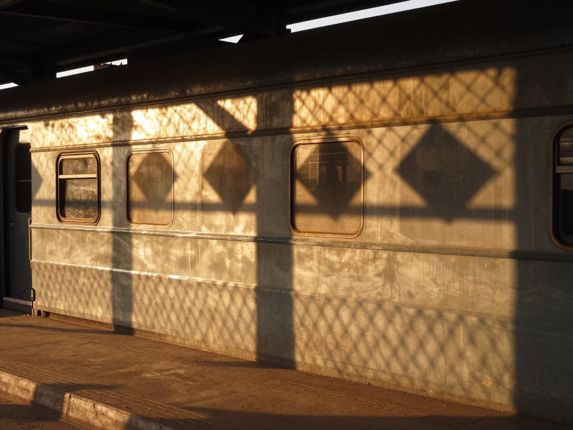 Golden Hour Fence Shadow Pattern Terminal in inside a restored train terminal near Aligarh