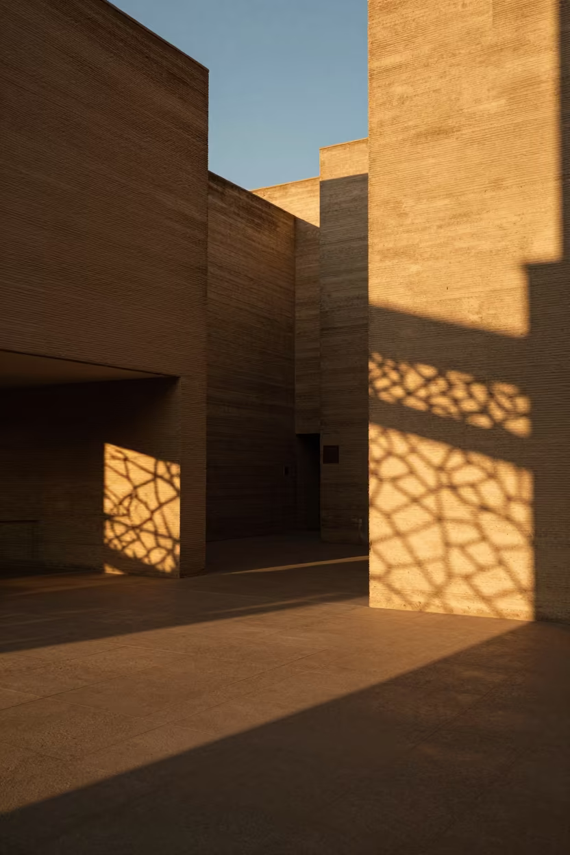 Golden Hour Fence Shadows on Ribbed Concrete in inside a ribbed concrete lobby in Castilla
