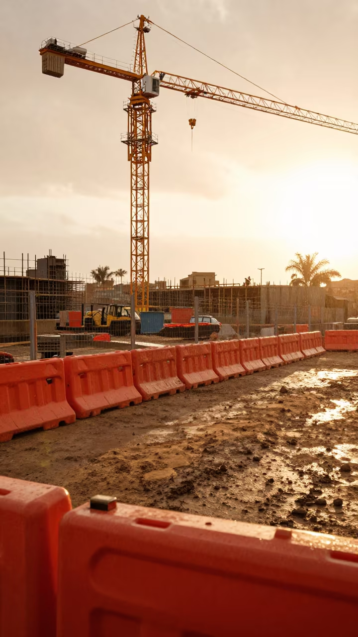 Golden Hour Fencing Row Before Lift in beneath a tower crane on open ground in Niamey