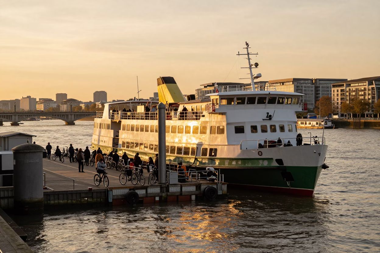 Golden Hour Ferry at London Dock Loading Passengers and Bicycles in in London, United Kingdom