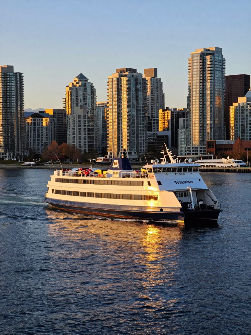 Golden Hour Ferry Crossing Burrard Inlet Near Vancouver Downtown Skyline in in Vancouver, British Columbia, Canada