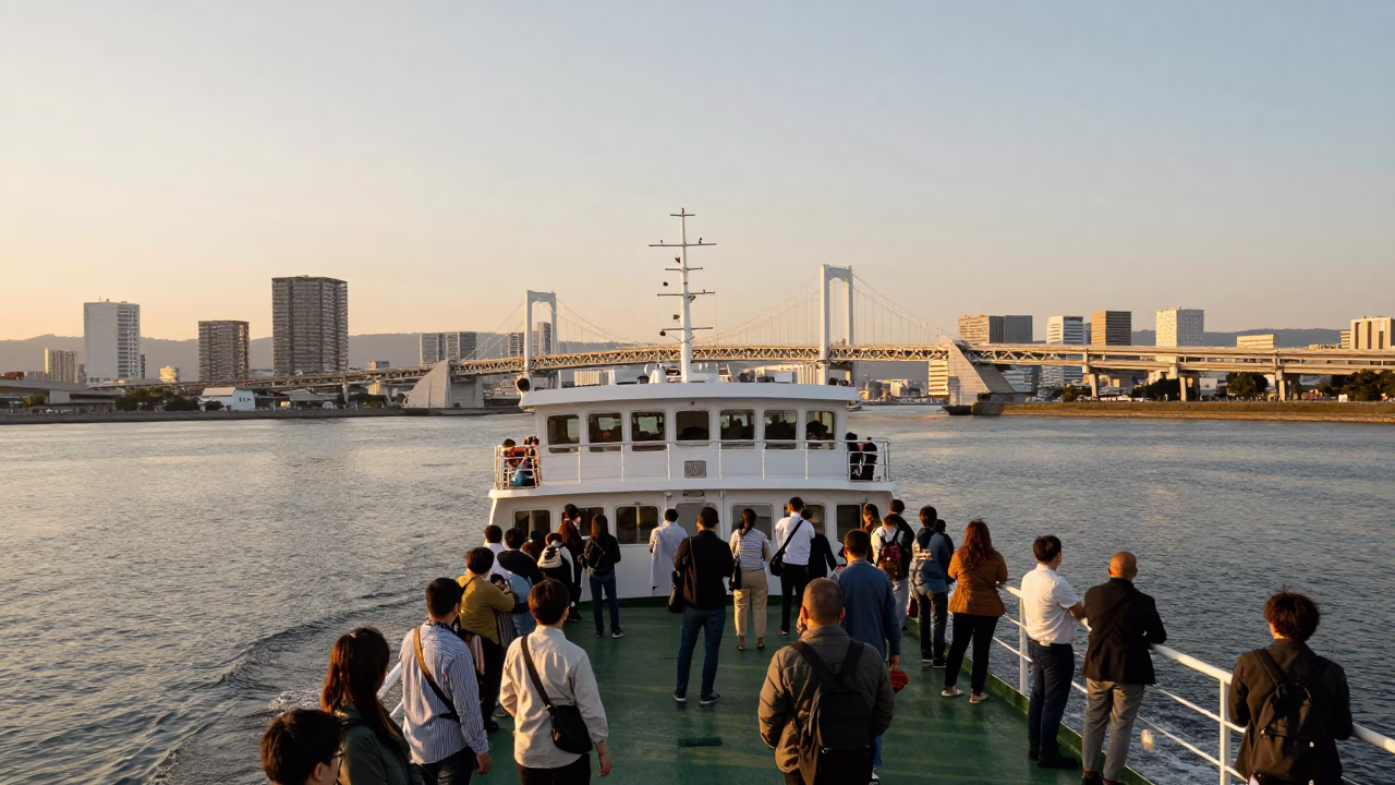 Golden Hour Ferry Crossing in Fukuoka Japan with Passengers and City Skyline in in Fukuoka, Japan