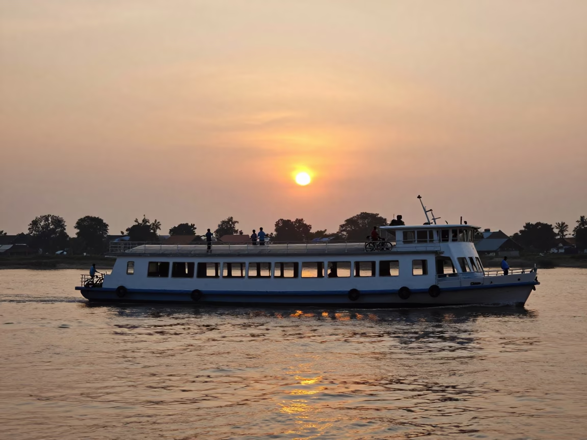 Golden Hour Ferry Crossing Mekong River in Phnom Penh Cambodia with Bicycles in in Phnom Penh, Cambodia