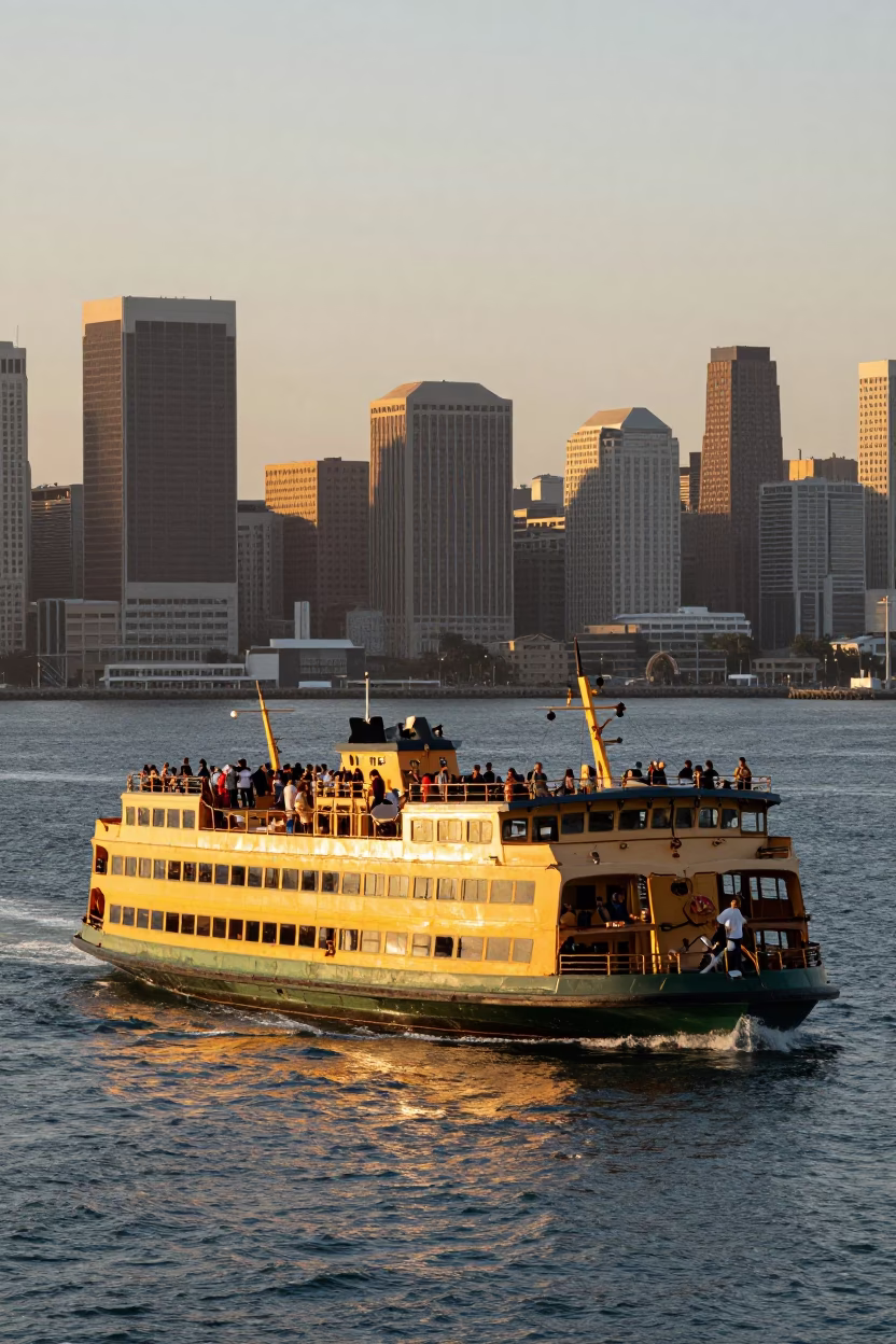 Golden Hour Ferry Crossing San Francisco Bay with City Skyline View in in San Francisco, California, United States