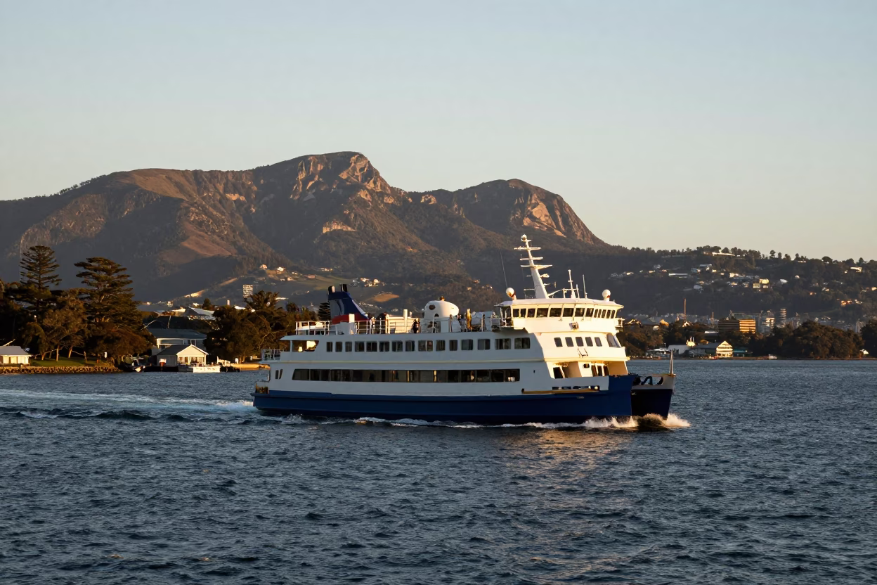 Golden Hour Ferry Departure from Hobart Harbor with Mount Wellington Mountain Range in Background in in Hobart, Tasmania, Australia