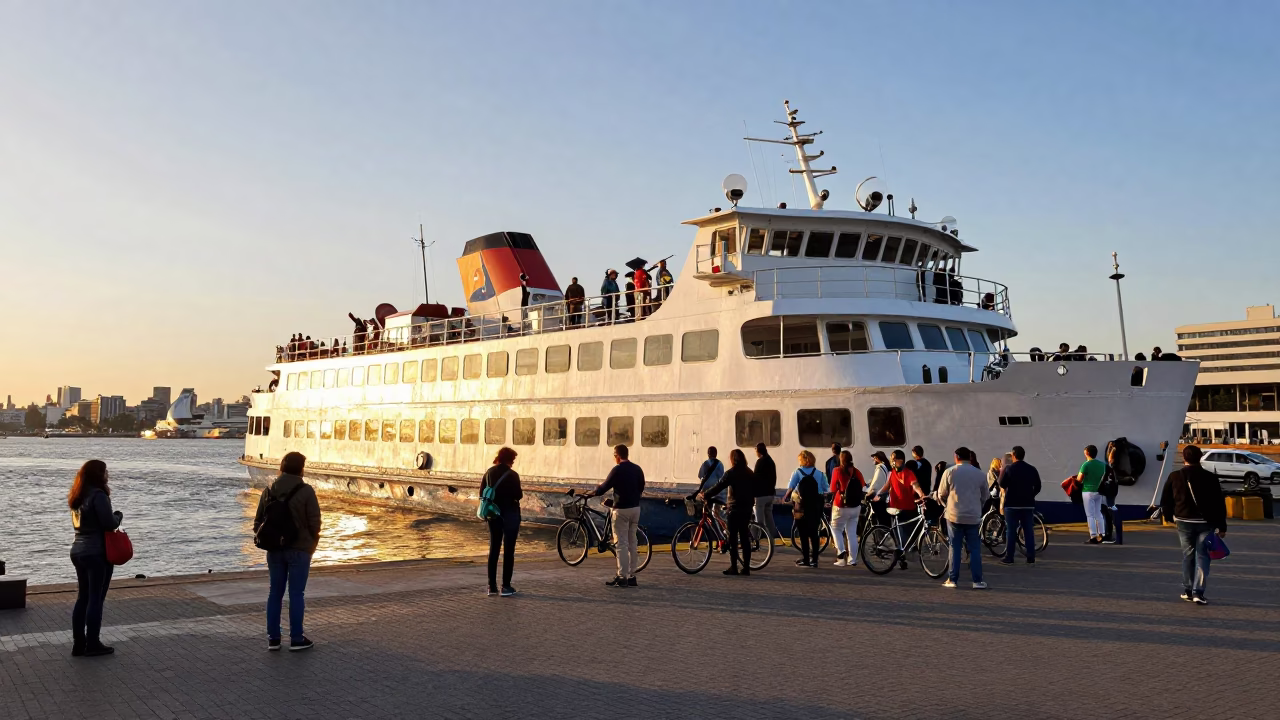 Golden Hour Ferry Departure from Puerto Madero Buenos Aires with Passengers Loading Bicycles in in Buenos Aires, Argentina