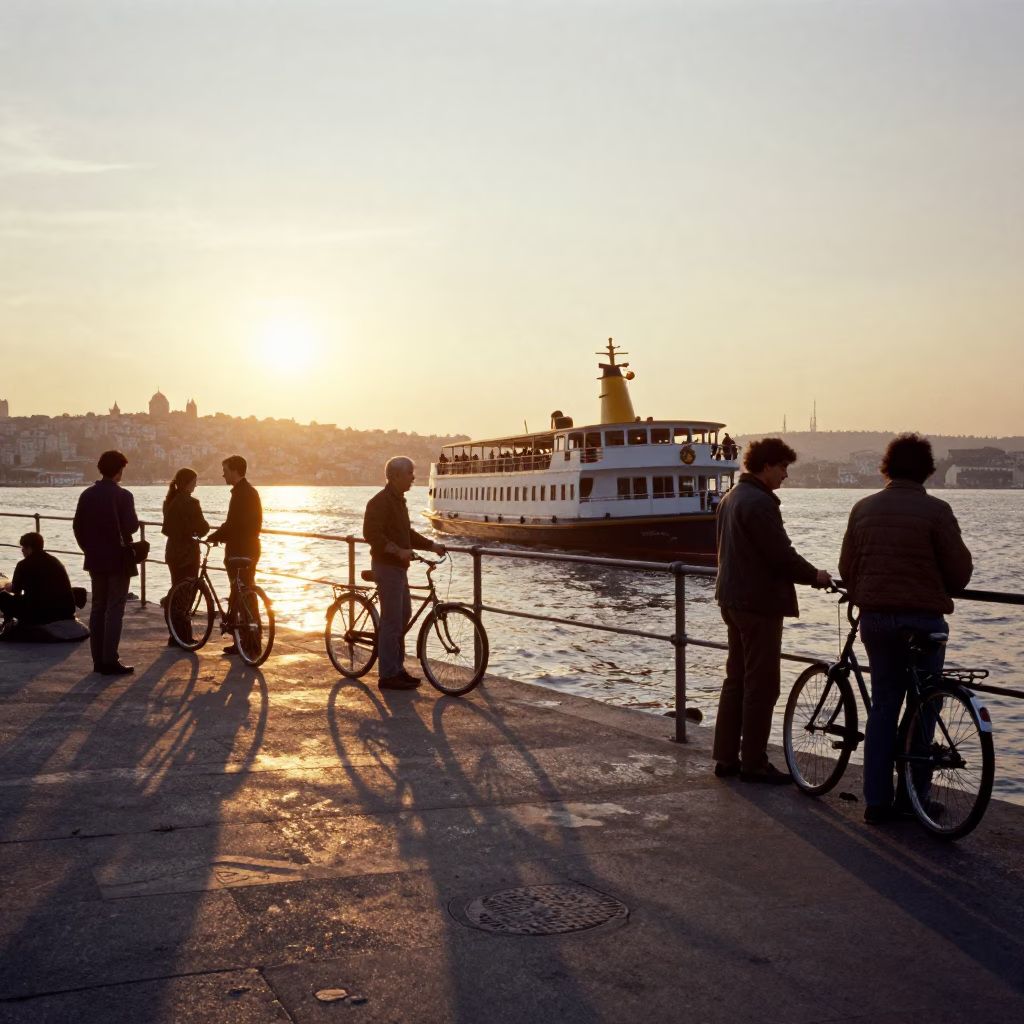 Golden Hour Ferry Departure Istanbul Bosphorus with Bicycles and Docked Passengers in in Istanbul, Turkey