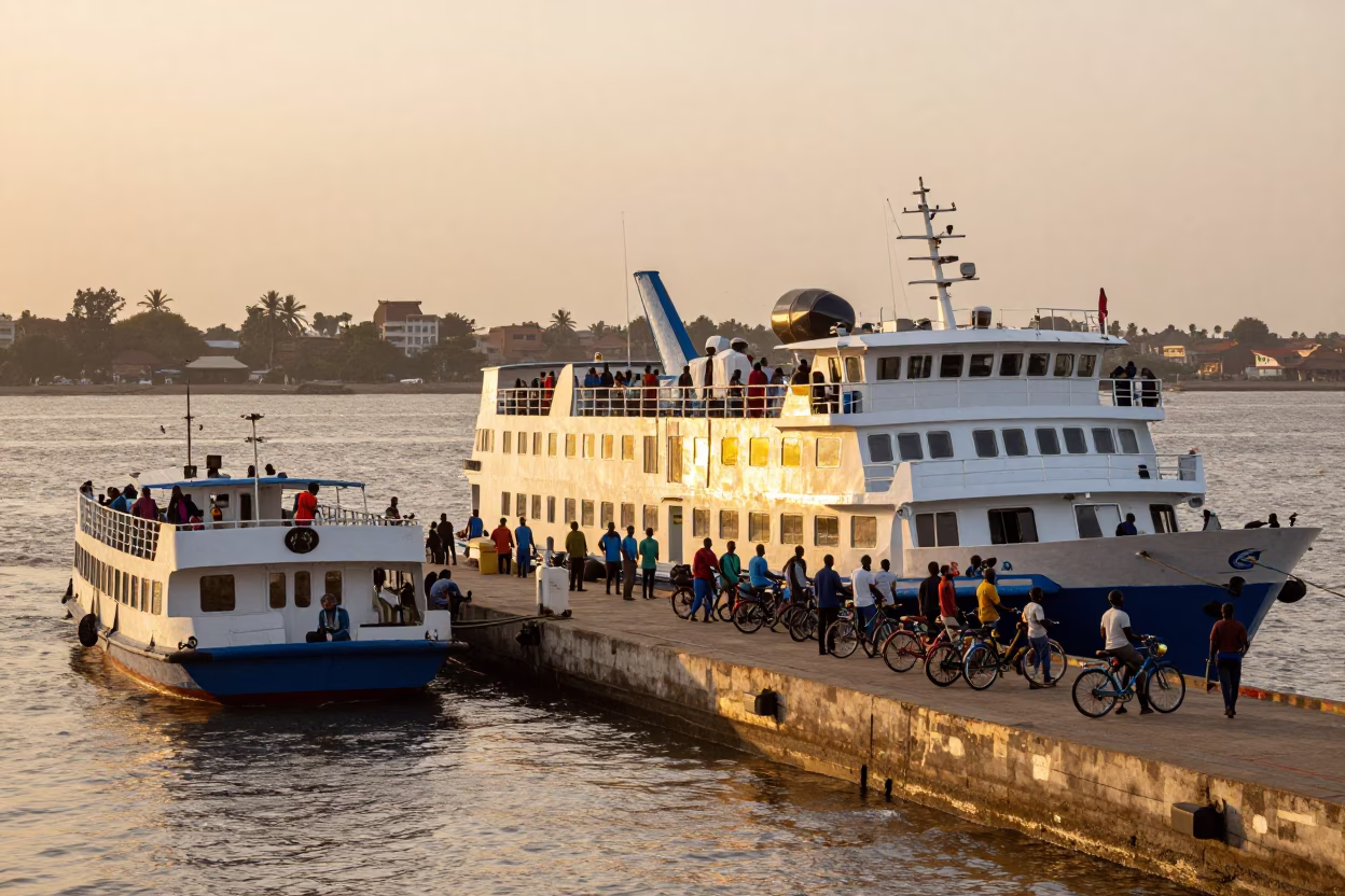 Golden Hour Ferry Docking at Accra Harbour with Passengers Loading Bicycles in in Accra, Ghana