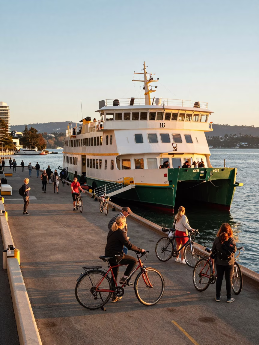 Golden Hour Ferry Loading Bicycles at Hobart Dock Tasmania Australia in in Hobart, Tasmania, Australia