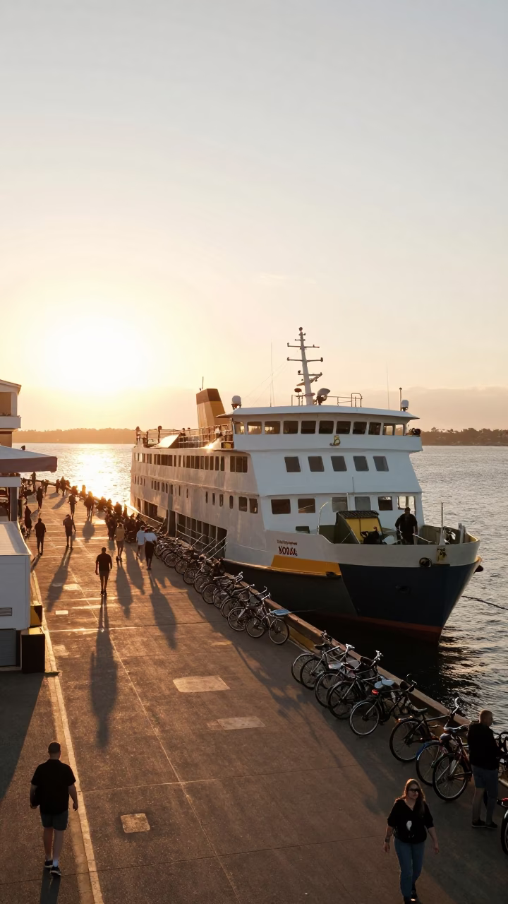 Golden Hour Ferry Loading Passengers and Bicycles at Adelaide Dock in in Adelaide, South Australia, Australia