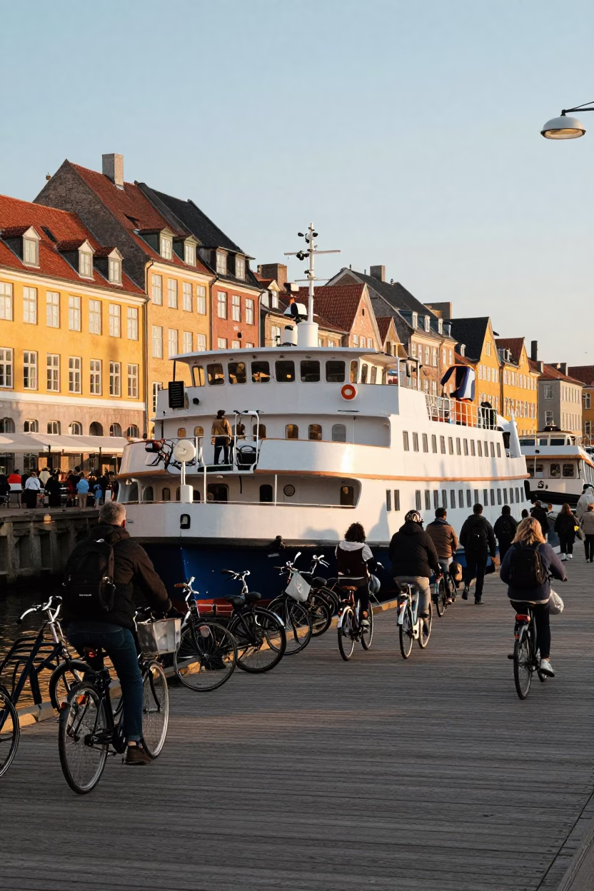 Golden Hour Ferry Loading Passengers and Bicycles at Copenhagen Dock in in Copenhagen, Denmark