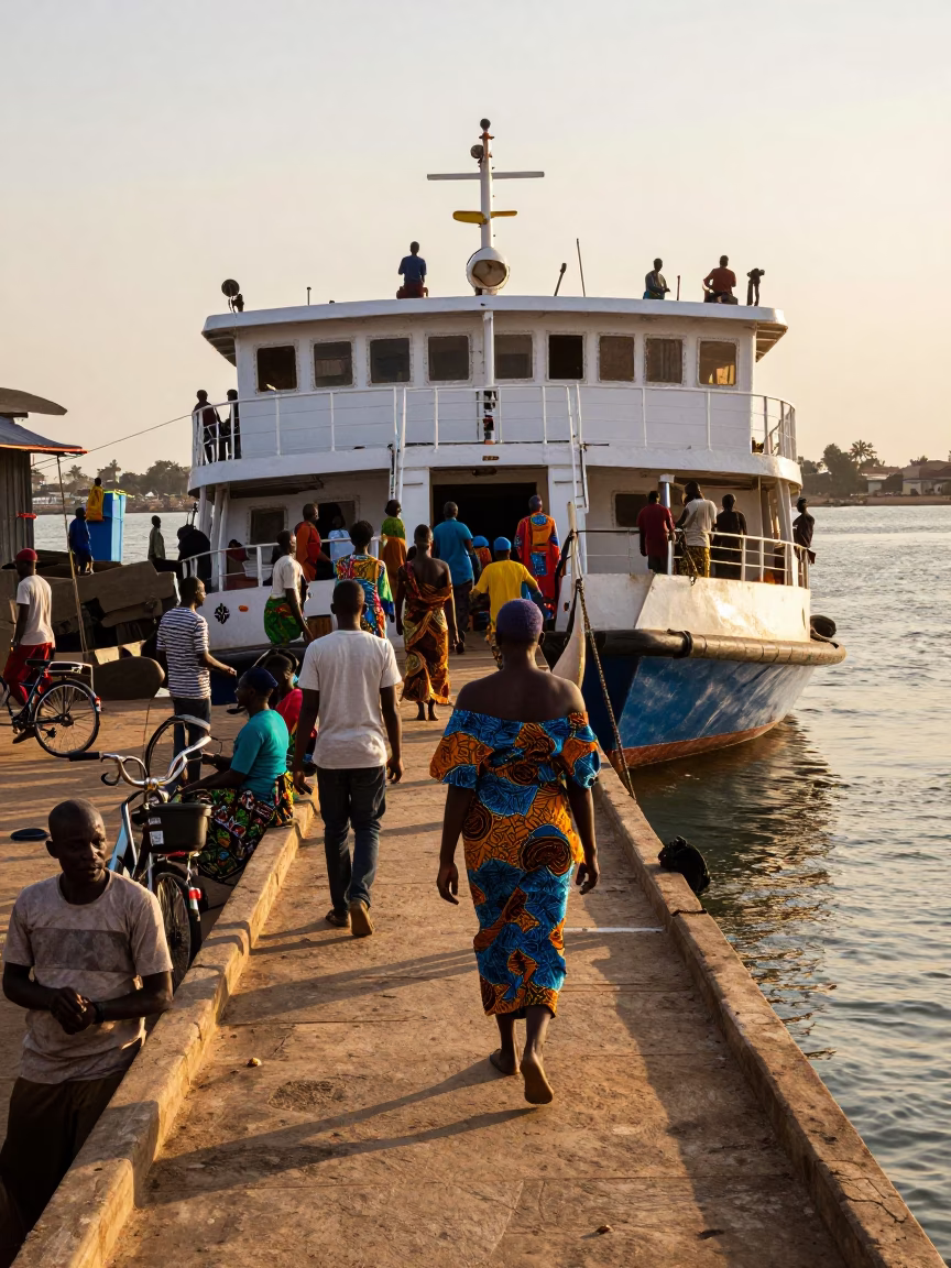 Golden Hour Ferry Loading Passengers and Bicycles at Dakar Dock in in Dakar, Senegal
