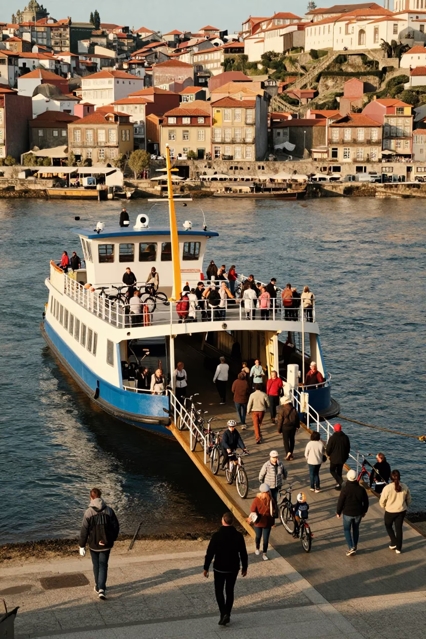 Golden Hour Ferry Loading Passengers and Bicycles at Douro River Dock in Porto Portugal in in Porto, Portugal