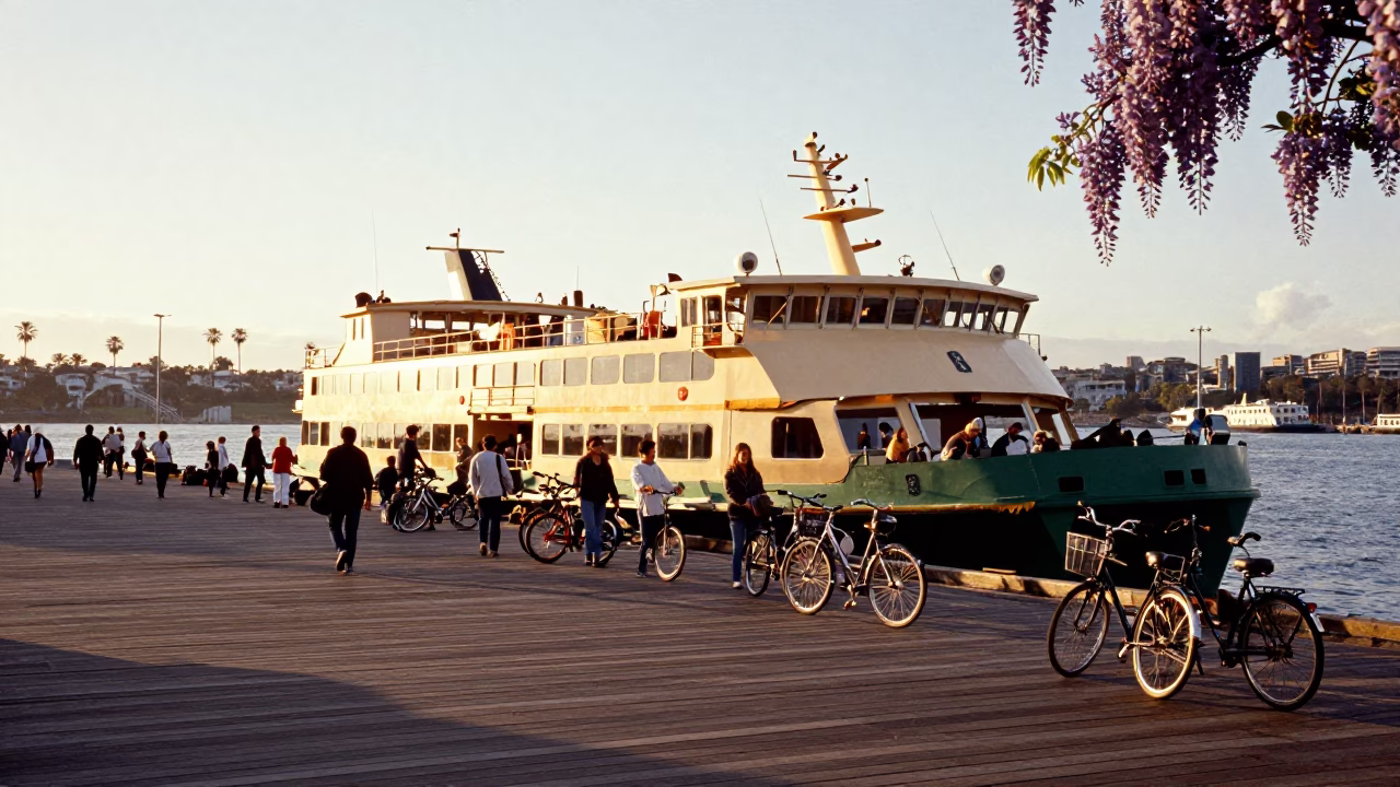 Golden Hour Ferry Loading Passengers and Bicycles at Melbourne Dock with Wisteria Blooms in in Melbourne, Victoria, Australia