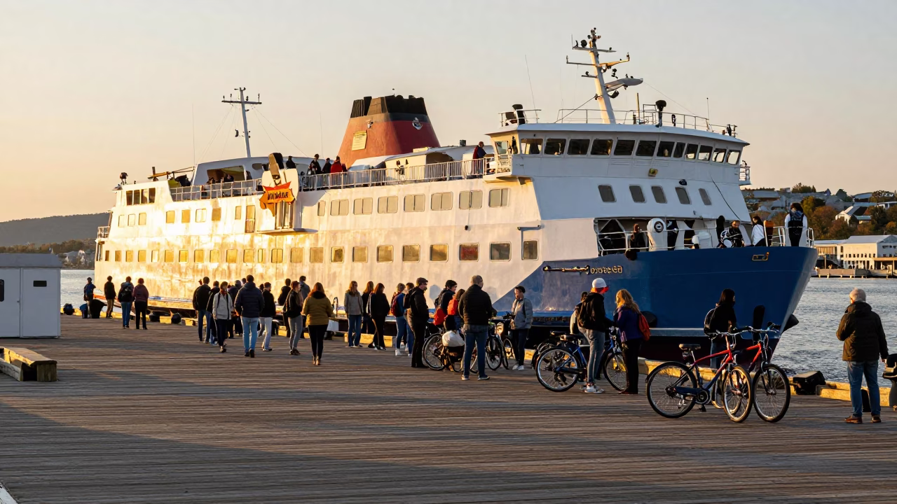 Golden Hour Ferry Loading Passengers and Bicycles at Quebec City Dock in in Quebec City, Quebec, Canada