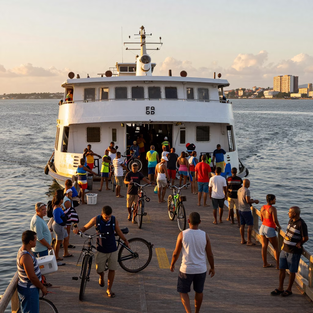 Golden Hour Ferry Loading Passengers and Bicycles at Salvador Brazil Dock in in Salvador, Brazil
